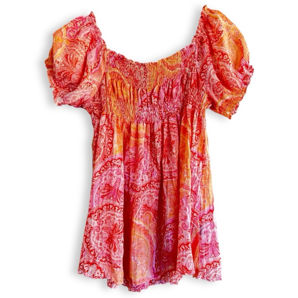 90s & Y2K MILANO MATERNITY Orange Paisley Princess Sleeve Babydoll Top